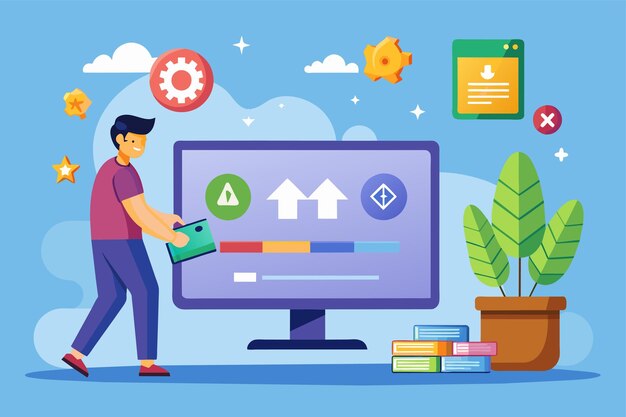 a man is pushing a button on a computer screen engaged in installing game software installing game software simple and minimalist flat vector illustration