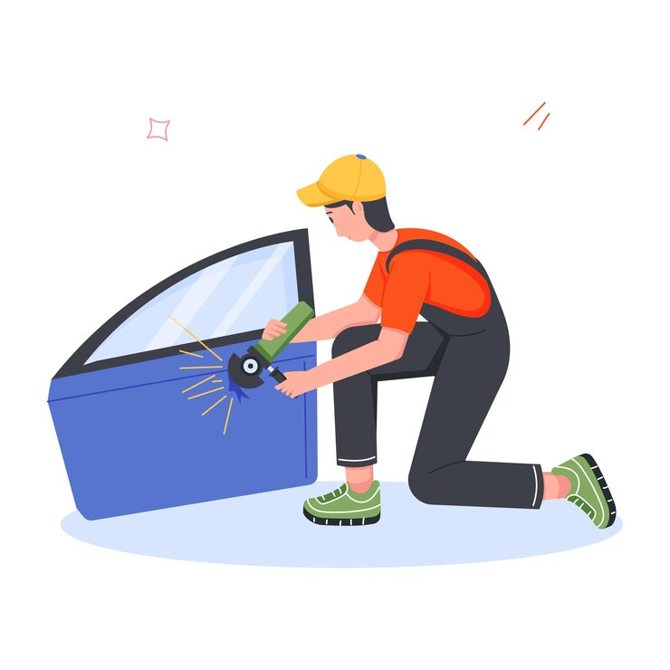 Vector a man is pushing a car with a blue item in front of him