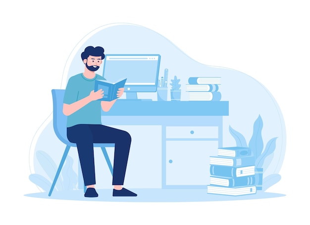 A man is reading a book trending concept flat illustration