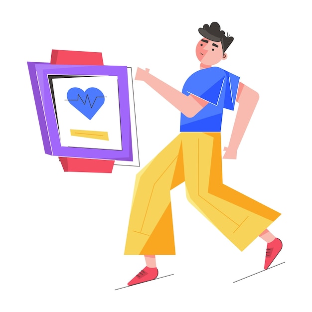 A man is running and looking at a heart icon.