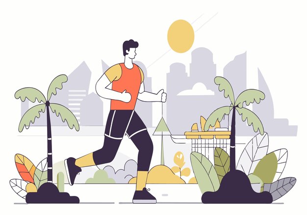 A man is running in a park with palm trees in the background