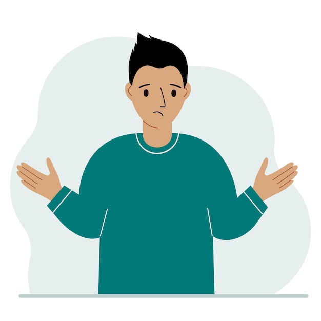 The man is sad and upset. Hands are spread out in different directions. Vector flat illustration