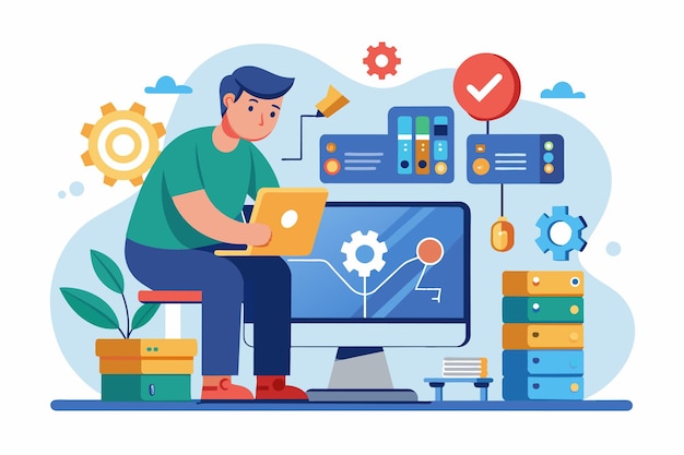 a man is seated at a desk working on a computer it service fixes computer errors simple and minimalist flat vector illustration