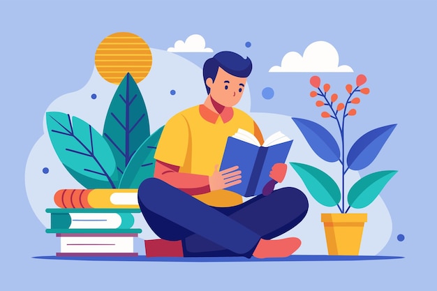 A man is seated on the floor engrossed in reading a book a man reading a book gains new knowledge Simple and minimalist flat Vector Illustration