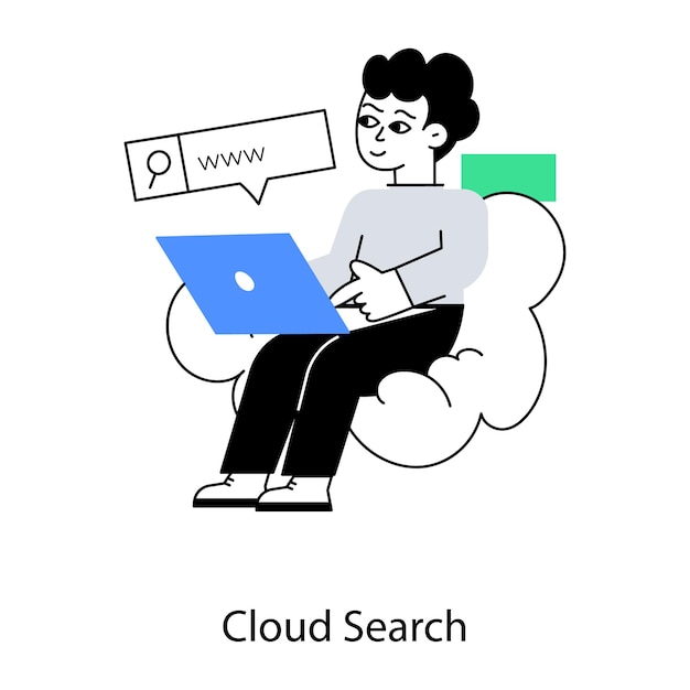 A man is sitting on a cloud search page with a speech bubble above him.