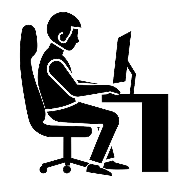 한 남자가 컴퓨터에 앉아 있고 그는 슈트를 입고 컴퓨터를 보고 있습니다.