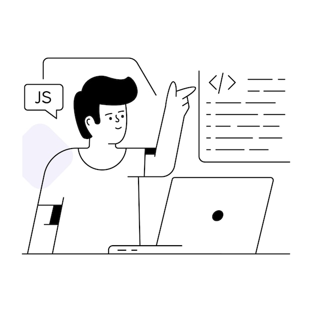 A man is sitting at a computer and the text javascript is in the background.