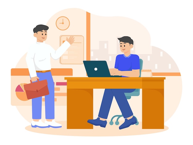 A man is sitting at a desk and is talking to another man Illustration Workers Illustration