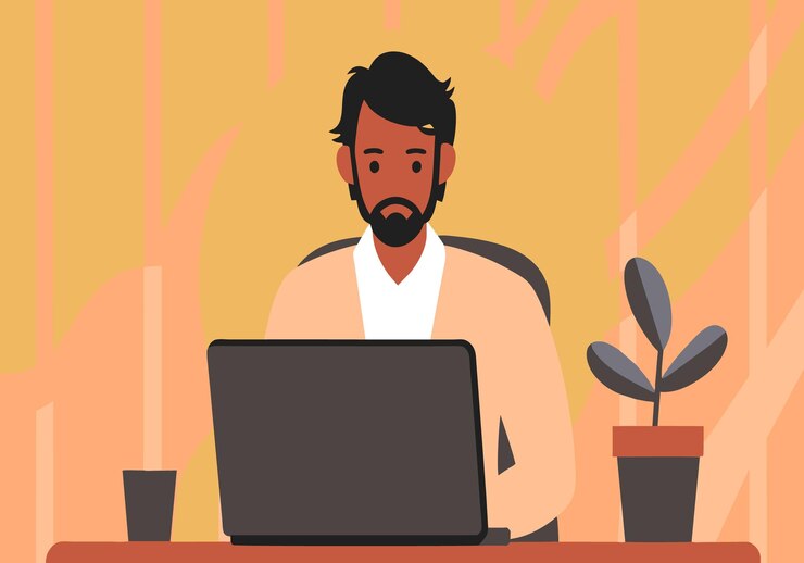 Vector a man is sitting at a desk with a laptop in front of him