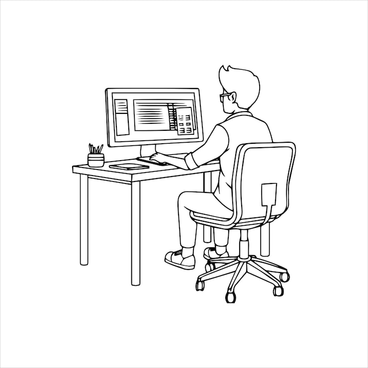 Vector a man is sitting at a desk with a laptop and a plant