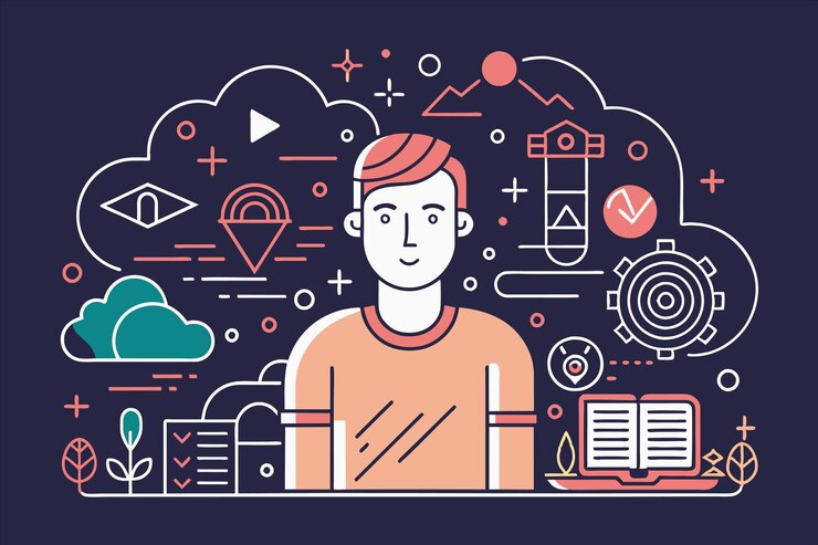Vector a man is sitting at a desk with a man in a colorful shirt and a bunch of different symbols on it