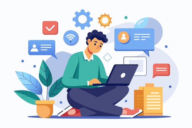 A man is sitting on the floor focused on using a laptop to install apps A man is installing apps on a laptop Simple and minimalist flat Vector Illustration