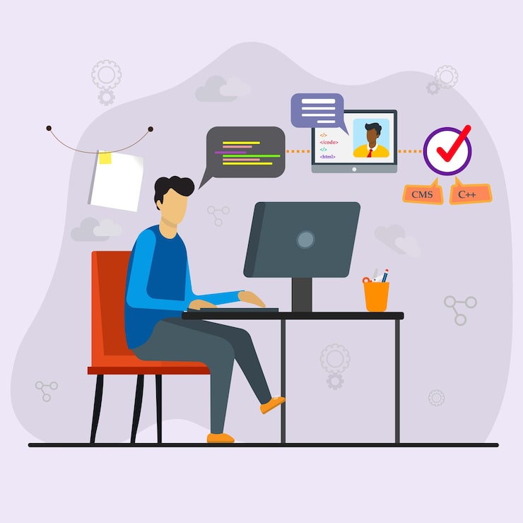 Вектор мужчина сидит перед компьютером и обсуждает онлайн-кодирование и программирование