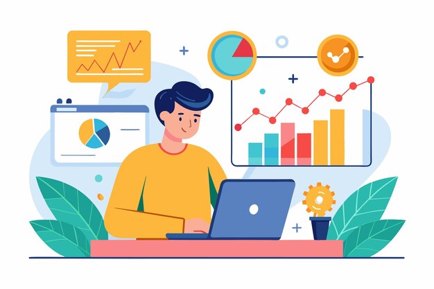 a man is sitting in front of a laptop computer focusing on analyzing data input in a simple and minimalist workspace analyst data input trending simple and minimalist flat vector illustration