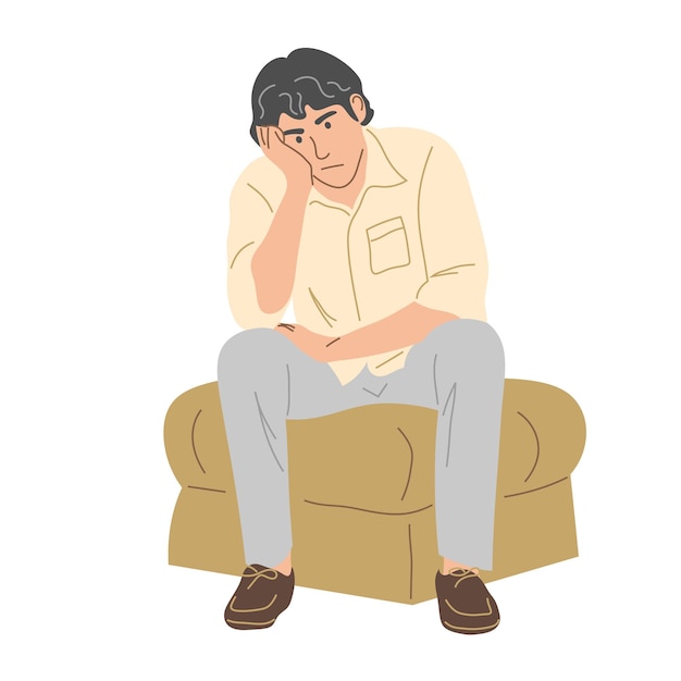 A man is sitting on a pouf and he is tired of waiting Flat vector illustration