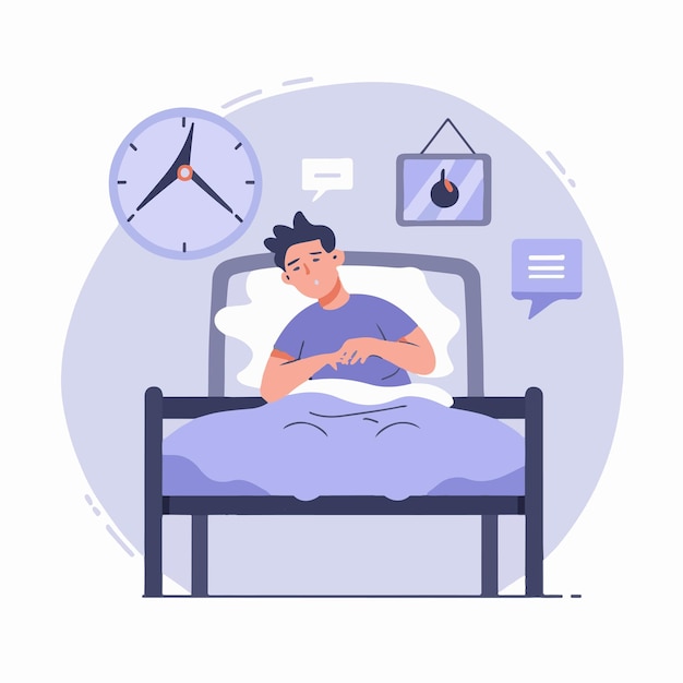 Vector a man is sleeping in bed with a clock and other items around him