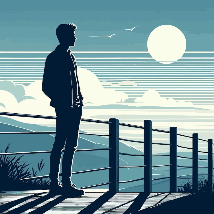 Vector a man is standing on a bridge looking at the ocean