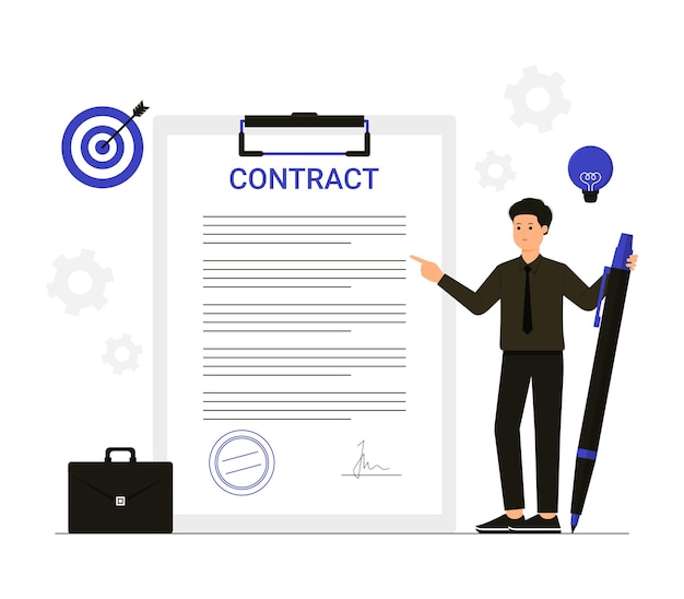 A man is standing next to a contract form signed contract agreement illustration