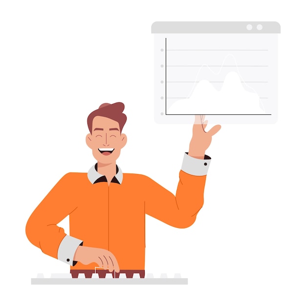 a man is standing in front of a computer with a graph above him
