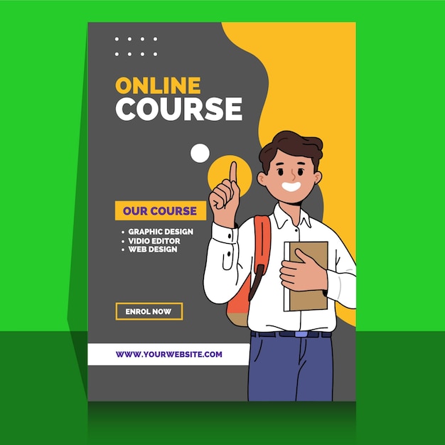 a man is standing in front of a green background with a man holding a box that says online course