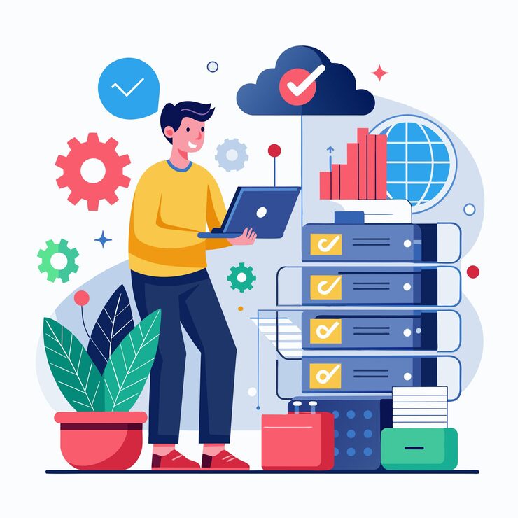 Vector ラップトップを使用しながら本の積み重ねの前に立っている男性 プログラマー メンテナンス 大規模なデータベース管理 シンプルでミニマリストなフラットベクトルイラストレーション