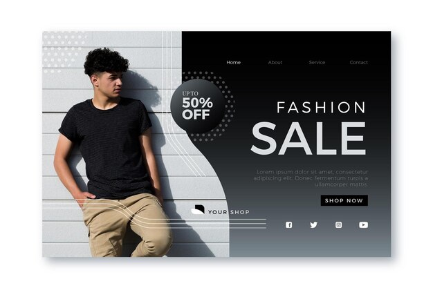 A man is standing in front of a wall with a poster for fashion sale