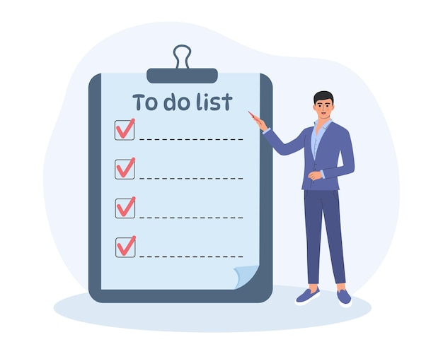 남자는 체크리스트가 있는 큰 클립보드 근처에 서 있습니다. To Do List Day Planning Time Management