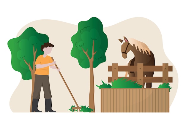 Vector a man is taking care of his horse in the stable illustration cartoon farmer with his horse icon