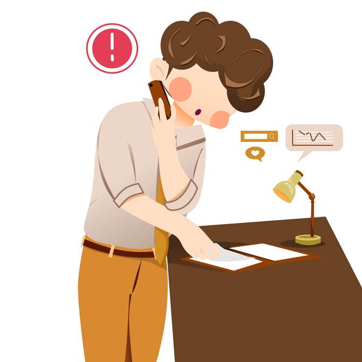 Vector 한 남자가 전화로 이야기하고 손에 전화기를 들고 있다.