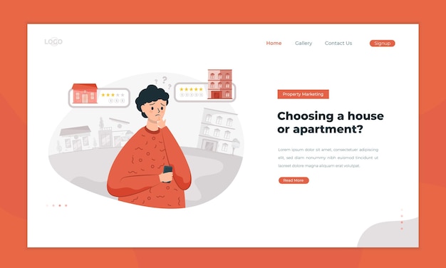 A man is thinking of choosing a house or apartment on a landing page concept