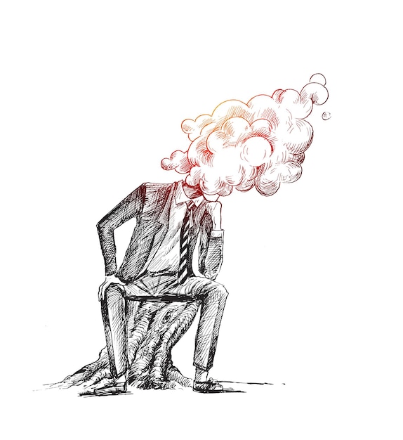 Man is thinking and sitting at the tree tshirt sketch illustration