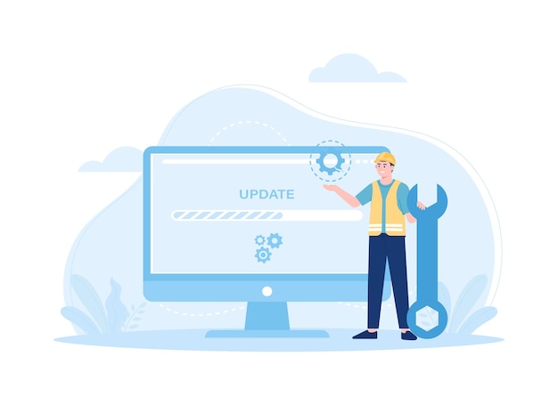 man is updating computer trending concept flat illustration