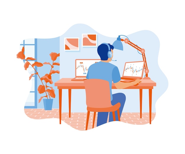 The man is using a headset in the home office Reviewing cryptocurrency trading documents