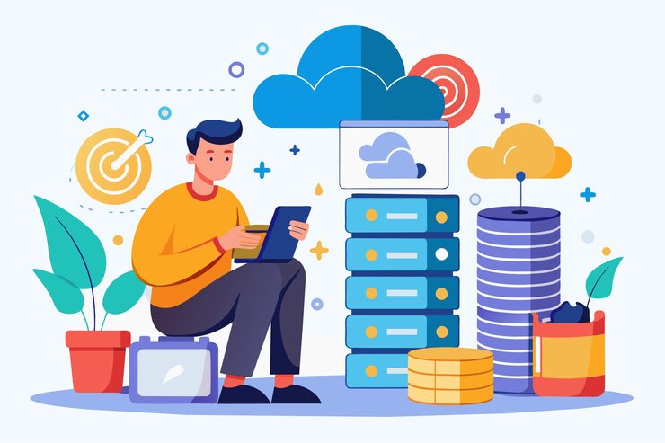 Vector a man is using a mobile device to perform a database backup while surrounded by tech elements man using mobile phone to backup database with cloud flat illustration