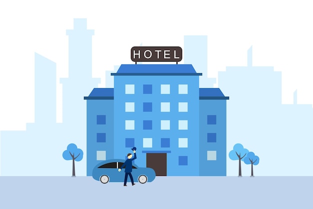 A man is walking in front of a hotel building with a sign that says hotel on it.