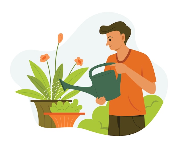 Man is watering the plants in the garden.