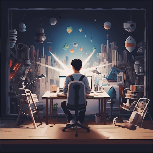 The man is working by computers in his house in the style of cyril rolando