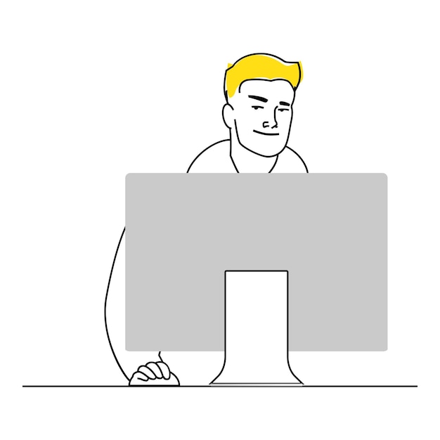 Man is working on computer, see outside the laptop illustration