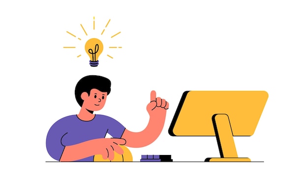 man is working at a computer use a computer mouse and typing on keyboard and idea comes to him