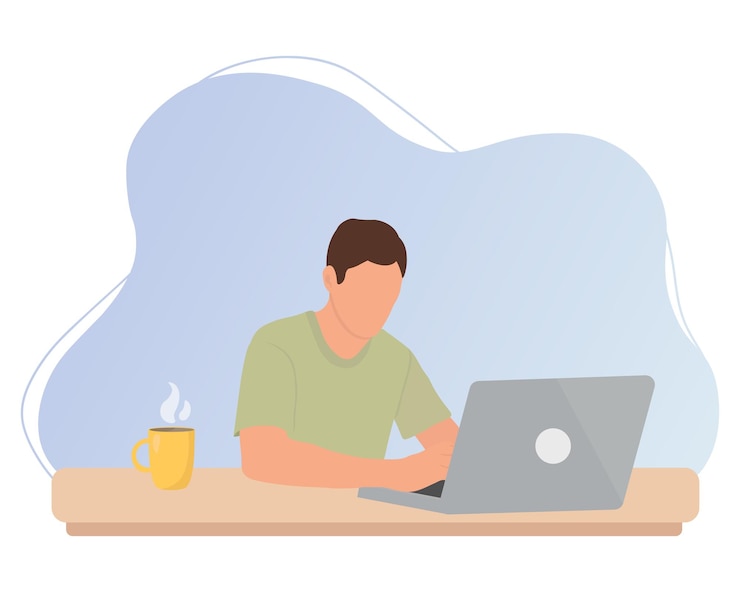 Vector man is working at the desktop with a laptop freelance online education web surfing or office worker vector illustration in cartoon style