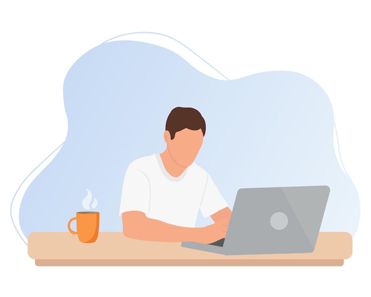 Vector man is working at the desktop with a laptop freelance online education web surfing or office worker vector illustration in cartoon style