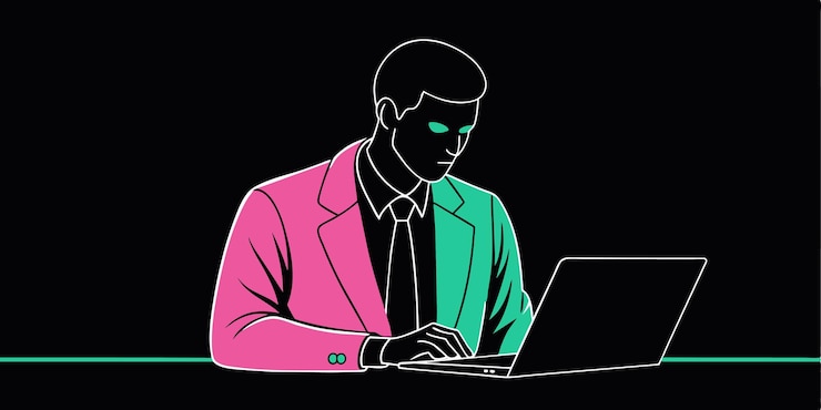 Vector a man is working on a laptop with a green and pink jacket on