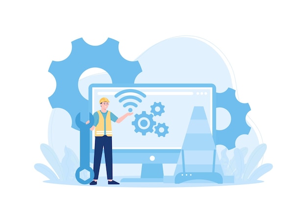 man is working on repairing the internet network trending concept flat illustration