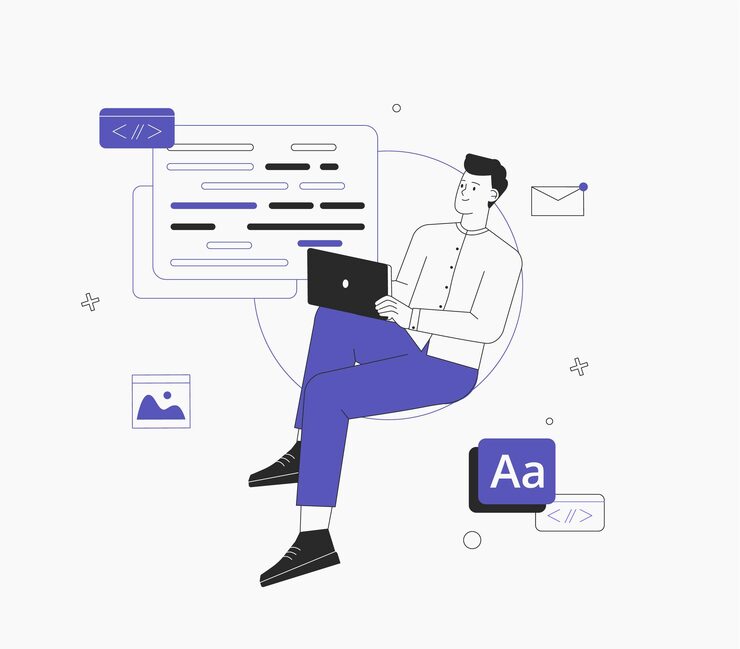 Vector man is working on ui ux design project. programmer, sit on infographic and work on laptop. freelancer working on web and application development on computers. software developers.