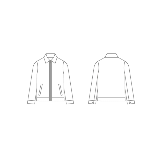 Man jacket collar coat clothes outline template with zip technical mockup front and back view