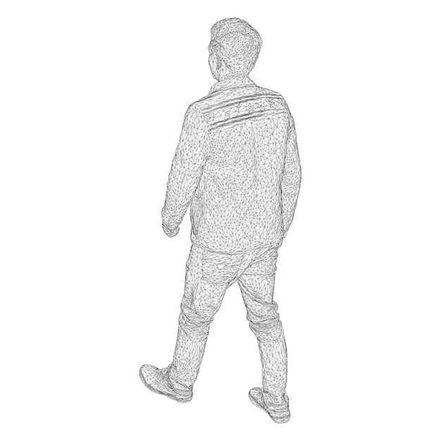 The man in the jacket is walking somewhere. Species from different sides. Vector illustration of a black triangular grid on a white background.