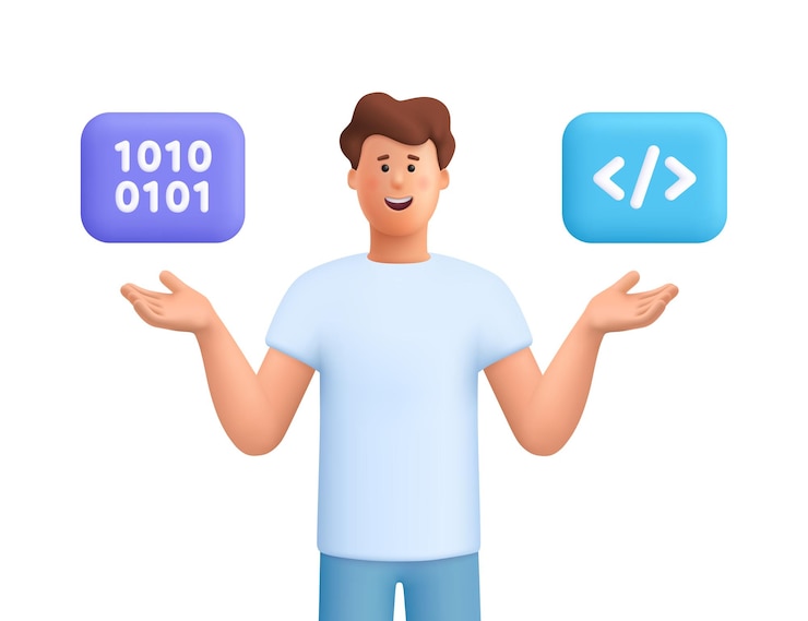 Vector man james pointing to programming code and binary code symbol 3d vector people character