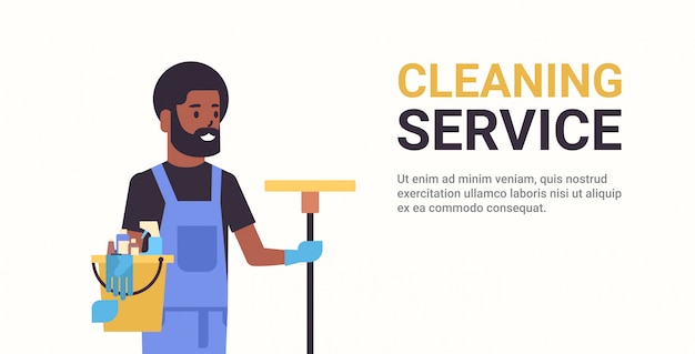 Vector man janitor holding bucket with tools and mop cleaning service concept smiling   male cleaner portrait horizontal copy space