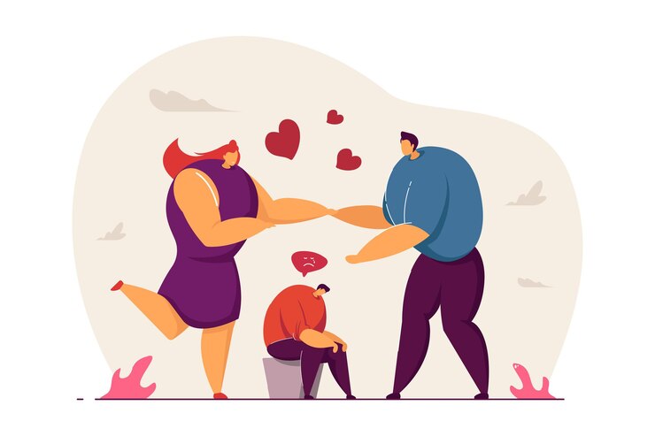 Vector man jealous of happy couple. sad male character with head down, boyfriend and girlfriend holding hands flat vector illustration. love, jealousy, past relationship concept for banner, website design