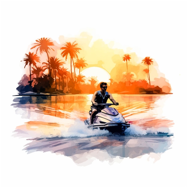 A man jetskiing at sunset watercolor paint